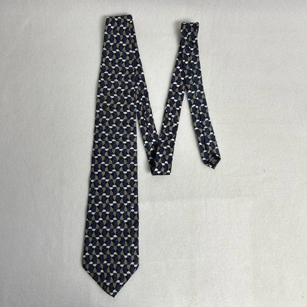 Vintage 90s Guess Mens OS Navy Blue‎ Geometric Mosaic Silk American Classics Tie